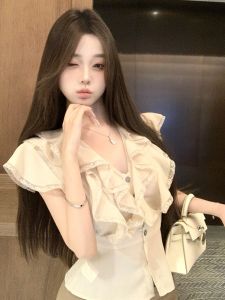 GUZILIAN | Korean Style Gentle Lace Trim Short Sleeve Womens Top Summer New Pure Desire Spicy Girl Atmosphere Fashionable Short Sleeve Shirt