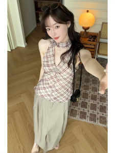 XUECAIQI | American Retro Plus Size Check Pattern Halter Top & Skirt Set