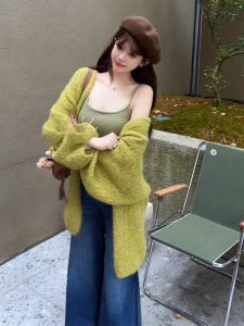 Ladies Lazy Style Knitted Sweater Coat Loose Fit Soft Cashmere Open Cardigan Long Sleeve V-Neck Warm Casual Outerwear