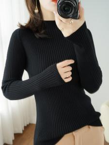 WANGGONGZHU | Thickened Long Sleeve Knitted Base Shirt Womens Autumn Winter Half High Collar Sweater Slim Fit Cozy Thermal Princess Style
