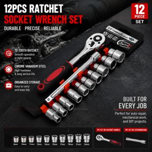 12 Piece Automotive Socket Set with Quick 1/4 Inch Ratchet Wrench Hex Tools for Car Repair Garage Workshop Maintenance