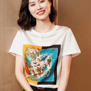 2023 New round Neck Short Sleeve Womens Thin T-shirt Korean Style Spring and Summer Print Loose plus Size Mulberry Silk Half Sleeve Top