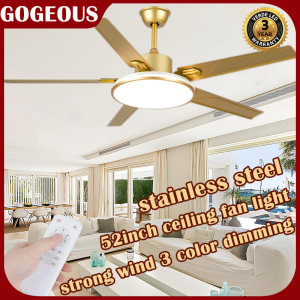 GOGEOUS 52inch ceiling fan with light modern stainless steel ceiling fan heavy duty ceiling fan with led light 3 colors dimming ceiling lights with fan 6 speed ceiling fan 5 blades big ceiling fan with remote for living room dining room bedroom
