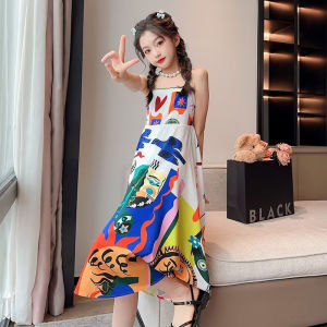 Melo girls 2025 new camisole skirt beach skirt summer new western-style oil painting style childrens camisole dress girl summer long skirt