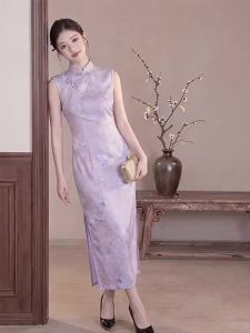 Floral Vintage Sleeveless Elegant National Style Light Purple Cheongsam Dress
