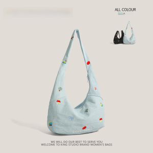 กระเป๋าผ้าใบเดนิมขนาดใหญ่สำหรับผู้หญิง กระเป๋าสะพายไหล่ข้างเดียวสำหรับใส่ไปเรียน กระเป๋าเดินทางแบบลำลอง กระเป๋าถือทรงหัวเข็มขัด