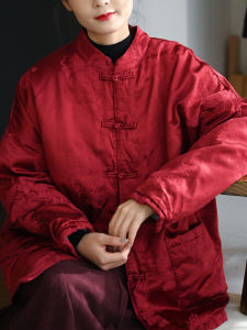 Original Design Loose Fit Silk Cotton Embroidered Chinese Ethnic Style down Jacket Womens Fashion Commute Straight Cut Coat