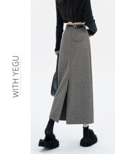 Gray Back Slit Skirt Womens High Waist Straight-leg A- line Sheath Skirt Small Mid Length Long Length Thick Wool Long Skirt