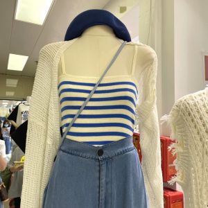 Áo Ba Lỗ Dệt Kim Ôm Vừa Vặn Cổ Chữ V Kẻ Sọc Cổ Điển Phong Cách Hàn Quốc Mùa Hè 2024 Cho Nữ