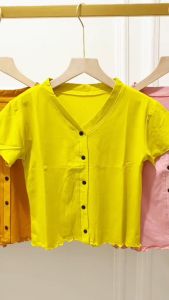 T-shirt button top V-neck kriwil/atasan kaos kriwil vneck kancing 5 lengan pendek wanita/crop top