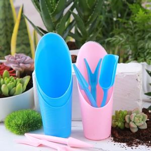 Mini Gardening Tools Set - 4 Piece Alatan Pertanian for Succulent and Cactus Plants - Includes Bucket Shovel, Small Uniform Shovel, Hole Puncher, and Lifting Blade - Blue/Pink Color