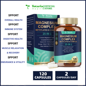 Totaria 25-in-1 Magnesium Complex with Methylated B Complex Magnesium Glycinate Citrate Malate Taurate Gluconate Aspartate Carbonate D3 K2 Magnesium Supplement for Relaxation Energy & Nerve 120 Vegan Caps