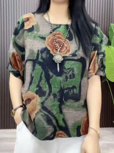 Summer Cotton Linen Short Sleeve T-Shirt New Style Middle-Aged Womens Printed Top Loose Fit round Neck Plant Floral Pattern