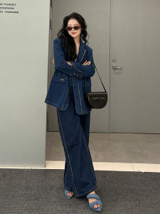 Retro Hong Kong Style Denim Set Womens Spring Fashion High-End Feel Streetwear Jacket Wide Leg Pants Two-Piece Suit