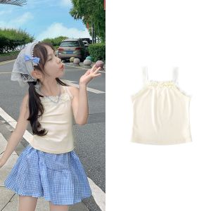 Princess Style White Strap T-Shirt Vest Childrens Summer Fashionable Top for Girls Breathable Standard Fit Casual Wear