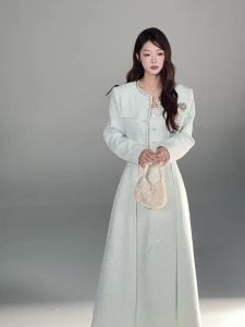 YIKEXIAOYEMEI | Đầm Halter Phong Cách Pháp Màu Xanh Len