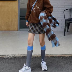 Color Block Long Tube Socks Womens Autumn Winter Street Style Simple Shaping Leggings Cotton Blend Mid-Calf Socks