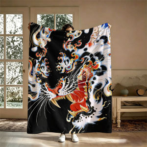 BILIBILI | Orange Stripe Jesus Print Flannel Blanket Perfect for Sofa Office Bed Travel Sleep Read Relax Camping Four Season Use