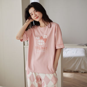 Miiow | Pure Cotton Cat Person Womens Sleepwear Short Sleeve One-Piece Home Leisure Suit With Chest Pad Seven-Five Pants Set