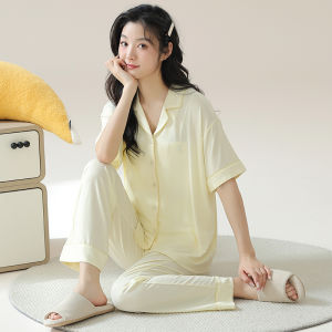 Modal Sleepwear Women Summer Short Sleeve Long Pants Thin Simple Open Cardigan plus Size High-End Home Clothes Set