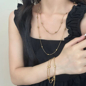 Gold Titanium Steel Necklace Long Womens Bean Design Sense Clavicle Chain High-End Sweater Chain Accessory Layered Fashion Jewelry