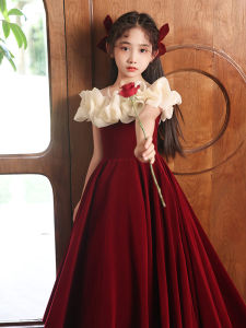 Red Princess Dress Childrens High-end Host Piano Performance Outfit Summer Birthday Girls Dress Floral Girls Dress