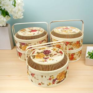Retro Silk Printed Bamboo Gift Basket Cured Meat Fruit Peach Hotel Gift Packaging Family Storage Utility Shopping Basket