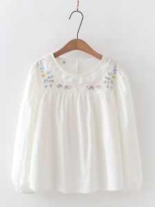 Sweet Style Long Sleeve Womens Shirt Floral Lace Collar Overhead Base Layer Cotton Student Autumn White Blouse Girls Premium Fashion