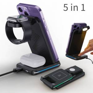 5-in-1 Charger with Qi Wireless Charging for iPhone 14/13/12/11/Pro Max/X/8 Plus/Apple Watch 7/6 Series AirPods 3/2/Pro/Galaxy Buds
