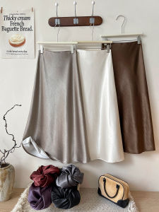 French Vintage Satin Fish Tail Half Skirt Womens Autumn Winter High Waist A-Line Skirt with Fleece Warm Falling Draping Skirt