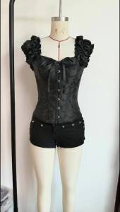 Womens Floral Jacquard Corset Ruffled Puff Strap Sweetheart Neck Front Bow Hook Back Lace Up Victorian Bridal Bustier Top
