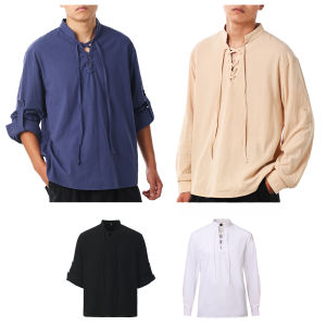 Medieval Henley Mens Shirt Lace-Up V neck T Shirt Adjustable Sleeve Stand Men Viking Pirate Shirt
