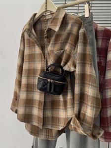 American Retro Thickened Plaid Shirt Womens Design Sense Small Audience Long Sleeve Layered Single Wear Shirt Coat Ins
