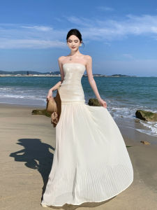 French Sequin Patchwork Tube Dress Holiday Beach Long Skirt Breathable Comfortable Summer One Shoulder A-Line Midi Dress