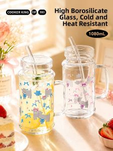 COOKER KING | Attractive High-borosilicate Glass Cup Heat-resistant with Lid and Straw