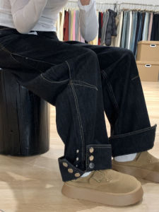 Extended Long High Waist Wide Leg Black American Retro Jeans Women Tall Size Loose Slimming Design Floor-Length Trousers