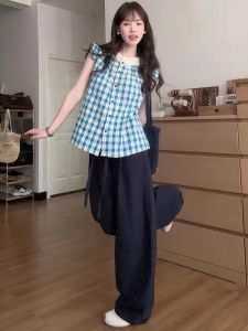 Korean Style High Waist Casual Loose Trousers Womens Summer New Straight Leg Pants Silk Linen Drawstring Elastic Waist