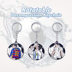 Football Player Rotatable keychain Cartoon Image Messi Argentina Barcelona C.Ronaldo Football Key Ring Hanging Ornament Pendant Decompression Artifact