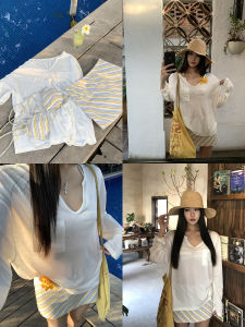 Sun Protection Summer Outfit Loose V-Neck White Blouse