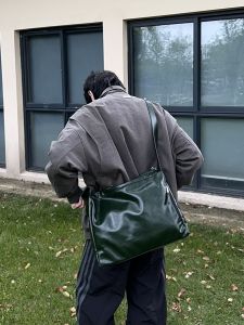 NIN Design Pu Large Capacity Schoolbag Ins Shoulder Soft Leather Shoulder Bag Men and Women Retro Document Postman Tote Big Bag