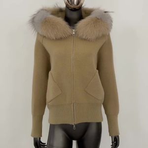 Áo Khoác Cardigan Len Nữ OFTBUY Có Mũ Trùm Đầu Cổ Lông Cáo Thật Dày Dặn Thời Trang Thu Đông Kiểu Dáng Công Sở Có Túi.