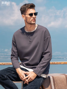 Enjeolon Heavyweight Long Sleeve Casual T-Shirt Mens Trendy American Loose Fit Solid Color Top Fashion Urban Style Spring Autumn