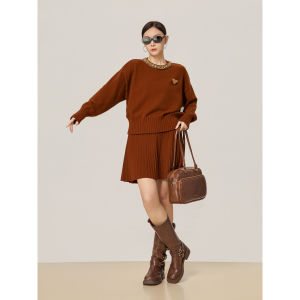 GULILI | Caramel Color Glitter Diamond Round Neck Knitwear Dress Set