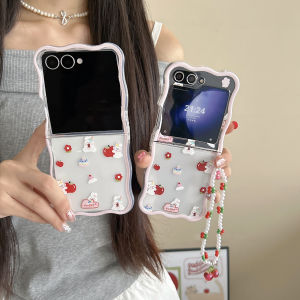 Korean Cartoon Rabbit Phone Case For Samsung Galaxy Z Flip 7 6 5 4 3 Cover With Lanyard Wave Phone Cover For Z Flip7 Flip6 Case