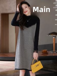 Anti-Aging Knitted Dress Womens Autumn Winter Mid-Length A-Line Skirt Style Plaid Base Layer Dress Loose Fit Slimming Effect