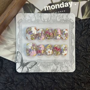 Handmade Short Square 14mm Bean Nails Oil Painting Frosted Flowers Whitening Effect Wearable False Nails Grey Color Series
