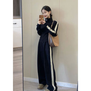 ชุดกีฬาสเวตเตอร์ลำลองแฟชั่นฤดูใบไม้ร่วงปี 2025 ชุดสองชิ้นสำหรับผู้หญิง เอวสูง แขนยาว ทรงหลวม ทรงเข้ารูป ทรงเข้ารูป