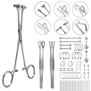55pcs Body Piercing Tool Kit Piercing Forceps Clamp Pliers Needles Body Jewelry Ear Lip Belly Navel Tongue Nose Eyebrow Piercing