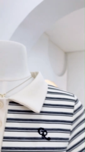 3 สี:เสื้อครอปตัวยาวคอปกแขนสั้นลายทาง เสื้อยืดคอปกผ้าลายงานน่ารัก คาเฟ่ เกาหลี  G-rose (G023)