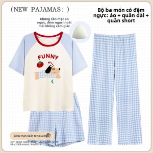 MiiOW | Bộ đồ ngủ cotton nguyên chất mùa hè cho nữ Bộ đồ mặc nhà ba mảnh có đệm ngực thoáng khí Thiết kế chống nhún chân